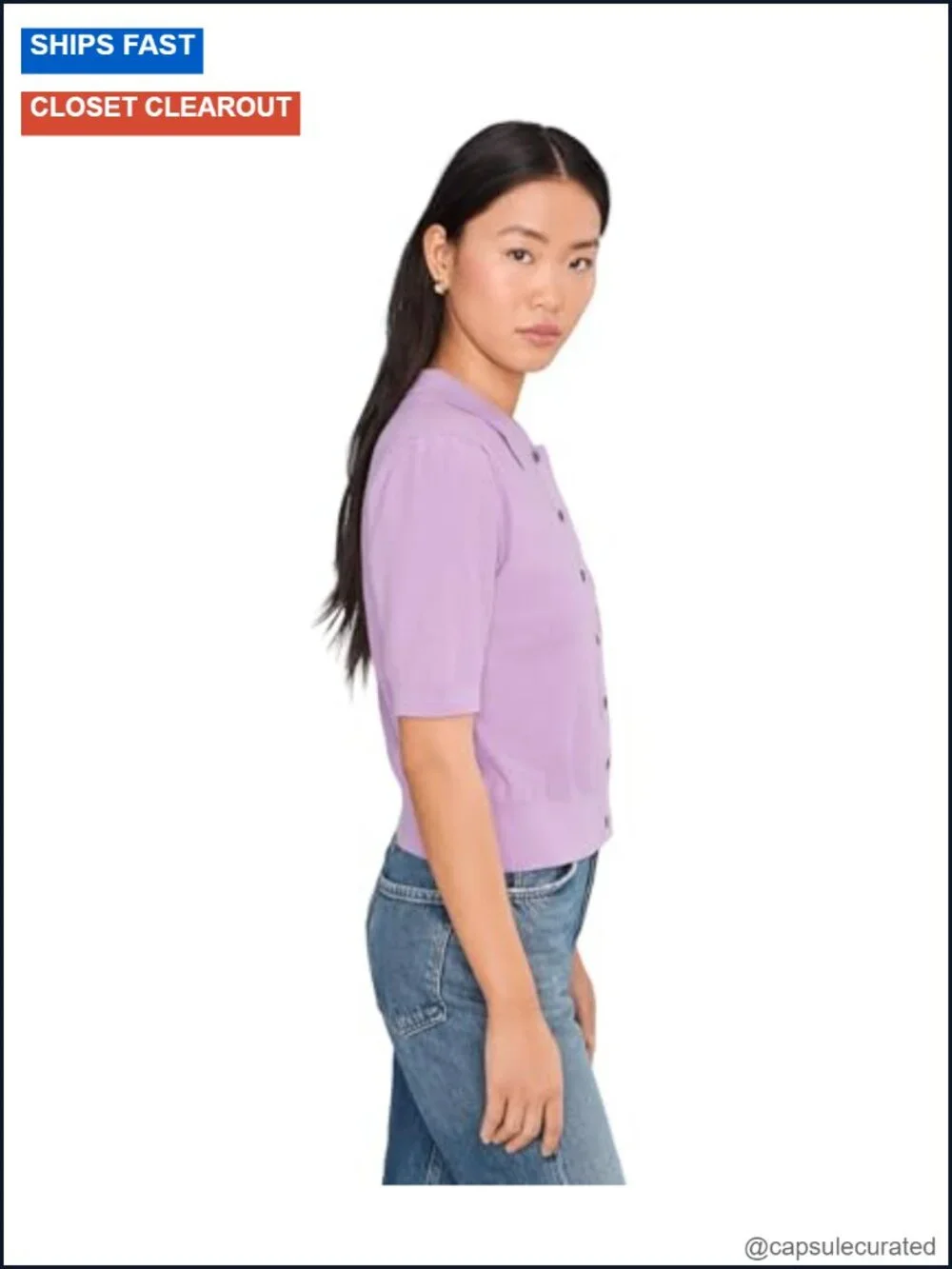 Cotton Cashmere Button-Up Collared Blouse with Puffed Short Sleeves